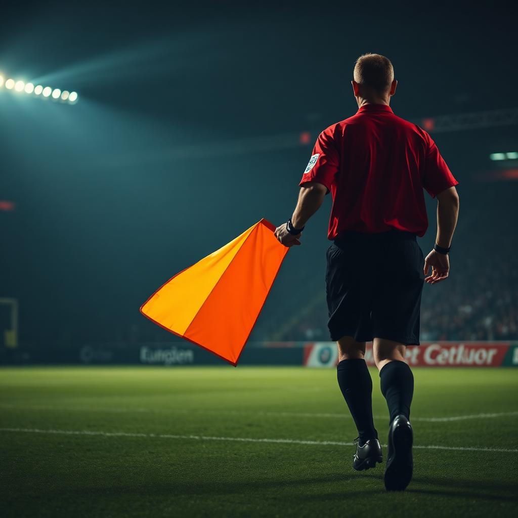 Soccer referee with linesman flag